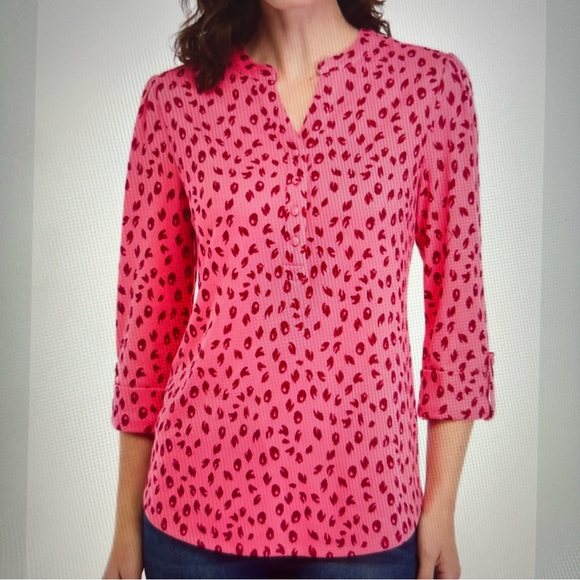Kim Rogers Women's Knit Henley Pink and Wine Animal Print Relaxed Fit Blouse XL - Picture 1 of 11